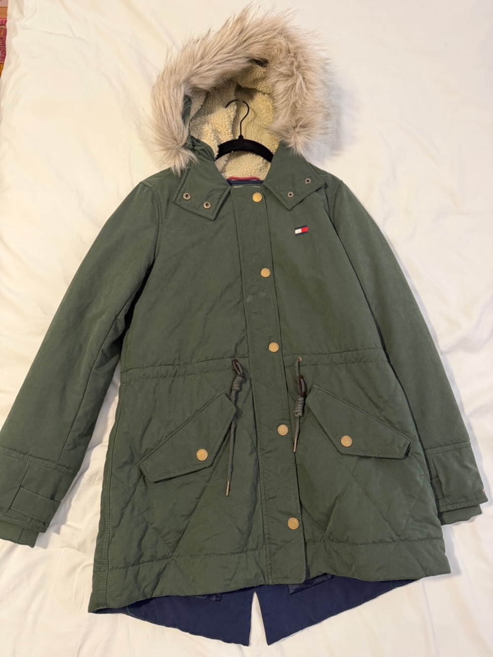 Tommy Hilfiger Olive Green Puffer Parka with Faux Fur Hood